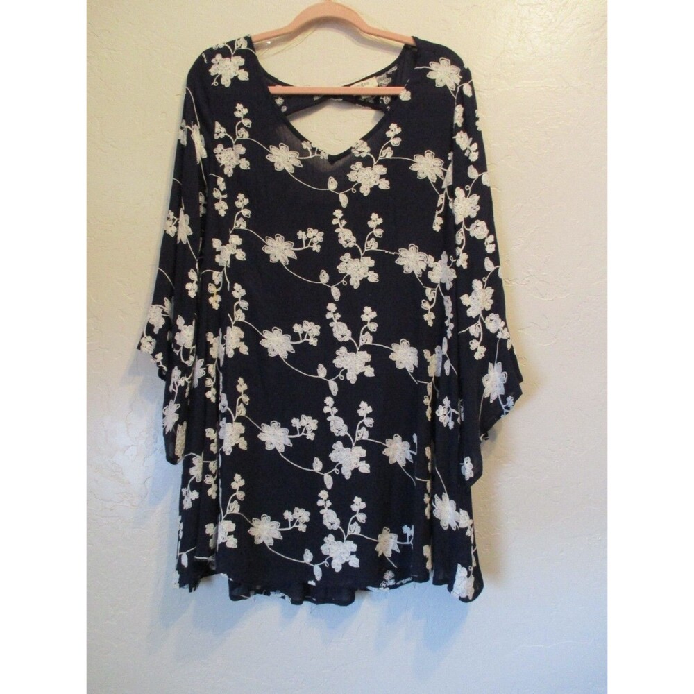 Umgee Womens Sz S Navy Blue Embroidered Gauze Trapeze Dress Floral Angel Sleeve